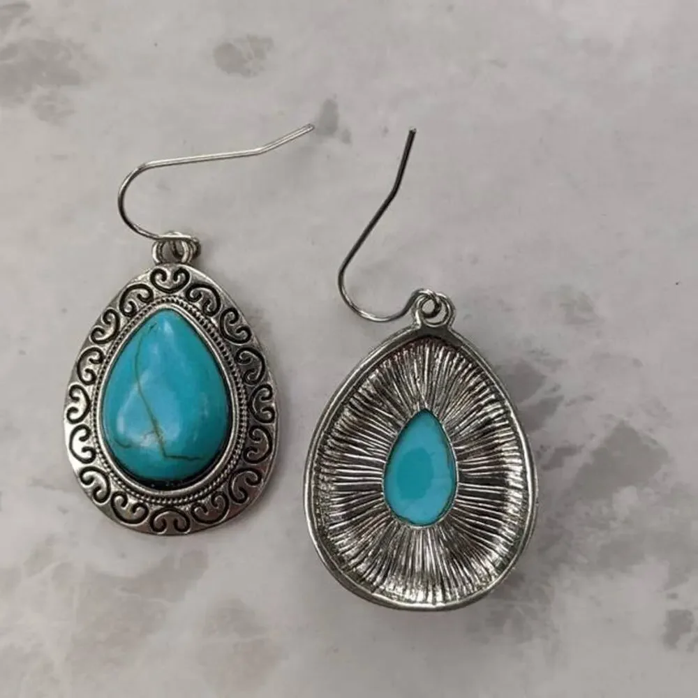 Silver tone and faux turquoise fish hook earrings